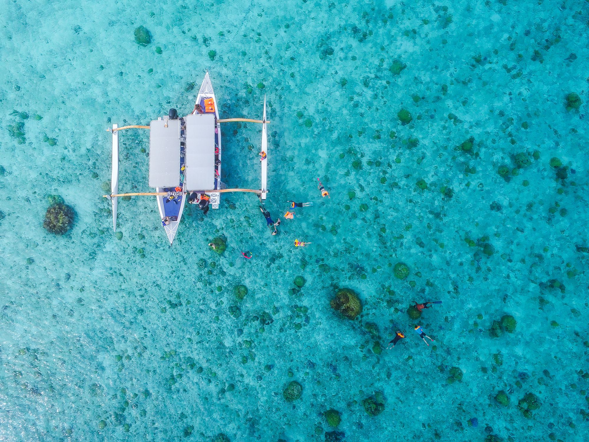 aerial view from top of traditional boat Bora bora and diving tourists