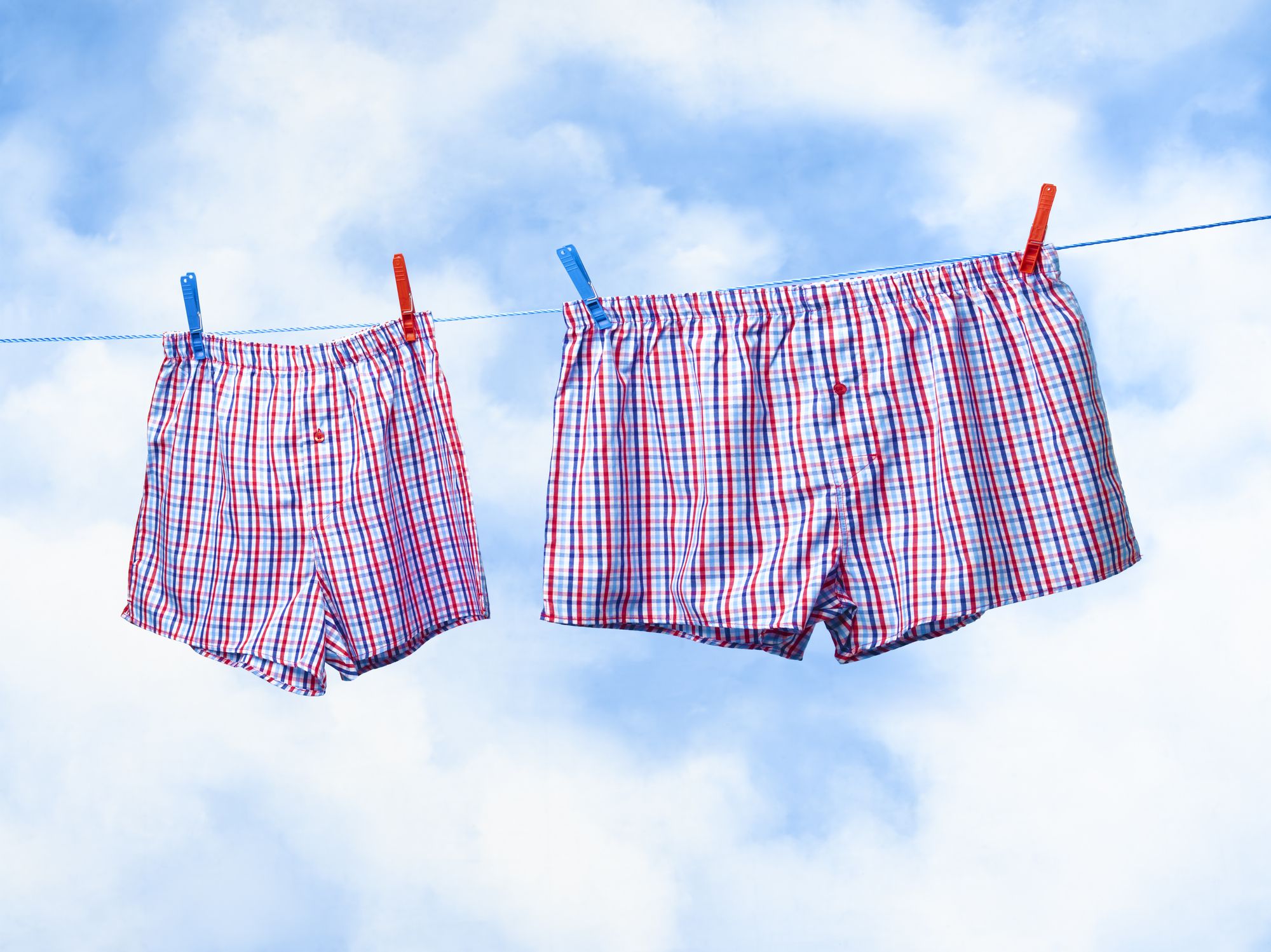 Small and obese boxer shorts on washing line. Small and obese boxer shorts on washing line.