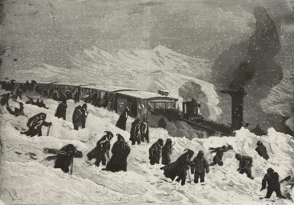 Ilustración de tren express atascado por la nieve