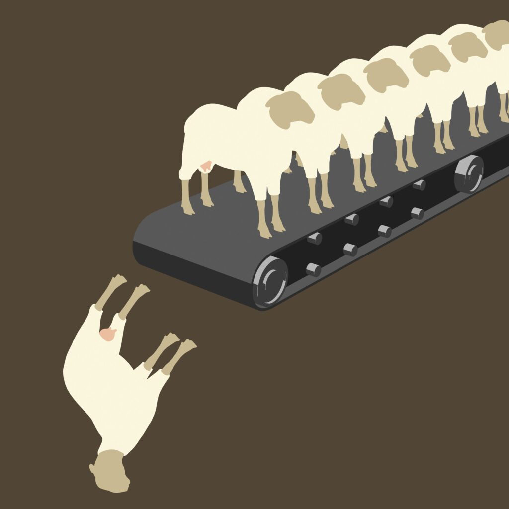 Que tus ex se parezcan no es casualidad 1 row of sheep on a conveyor belt royalty free illustration 81981522 1560325914 Que tus ex se parezcan no es casualidad