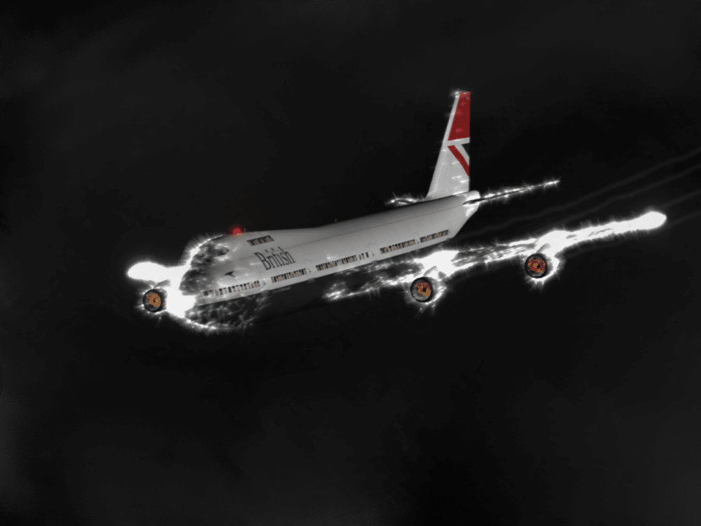 En la foto, un Boeing 747-236B dentro de una nube de ceniza volcánica que resultó en: un incendio de Saint-Elmo y la parada de los cuatro motores llenos de ceniza volcánica.
