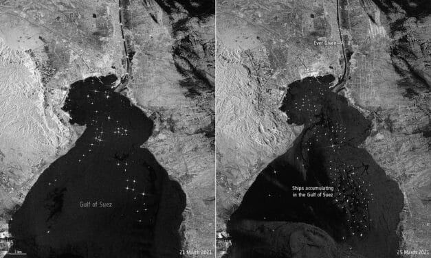 El atasco en el Canal de Suez visto desde el espacio