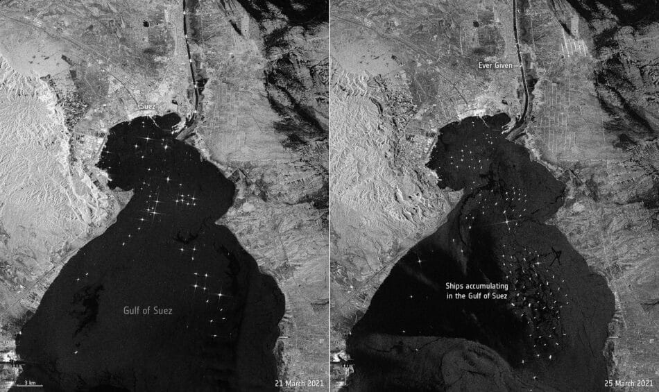 El atasco en el Canal de Suez visto desde el espacio