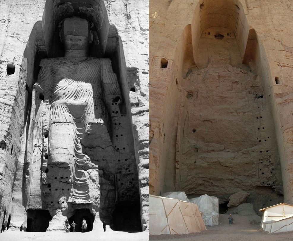 Budas de Bamiyan antes y después de la destrucción.
