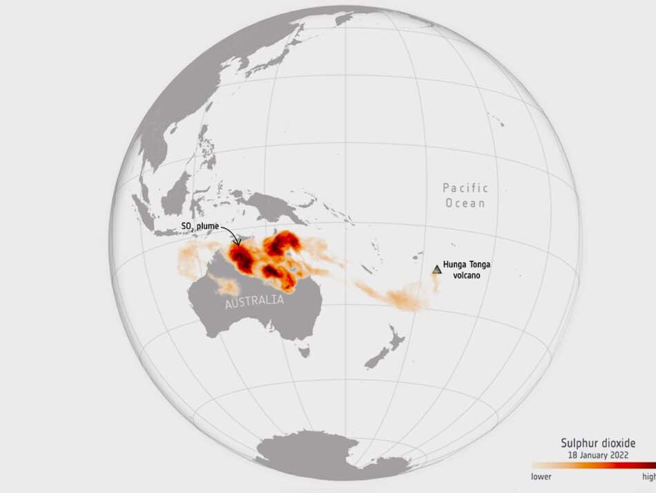 El dióxido de azufre de la erupción de Tonga se extiende por el planeta