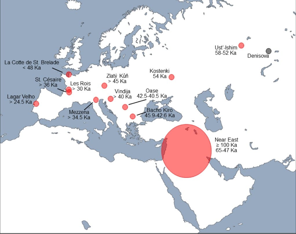 El mapa señala las áreas principales de hibridación entre neandertales y sapiens.