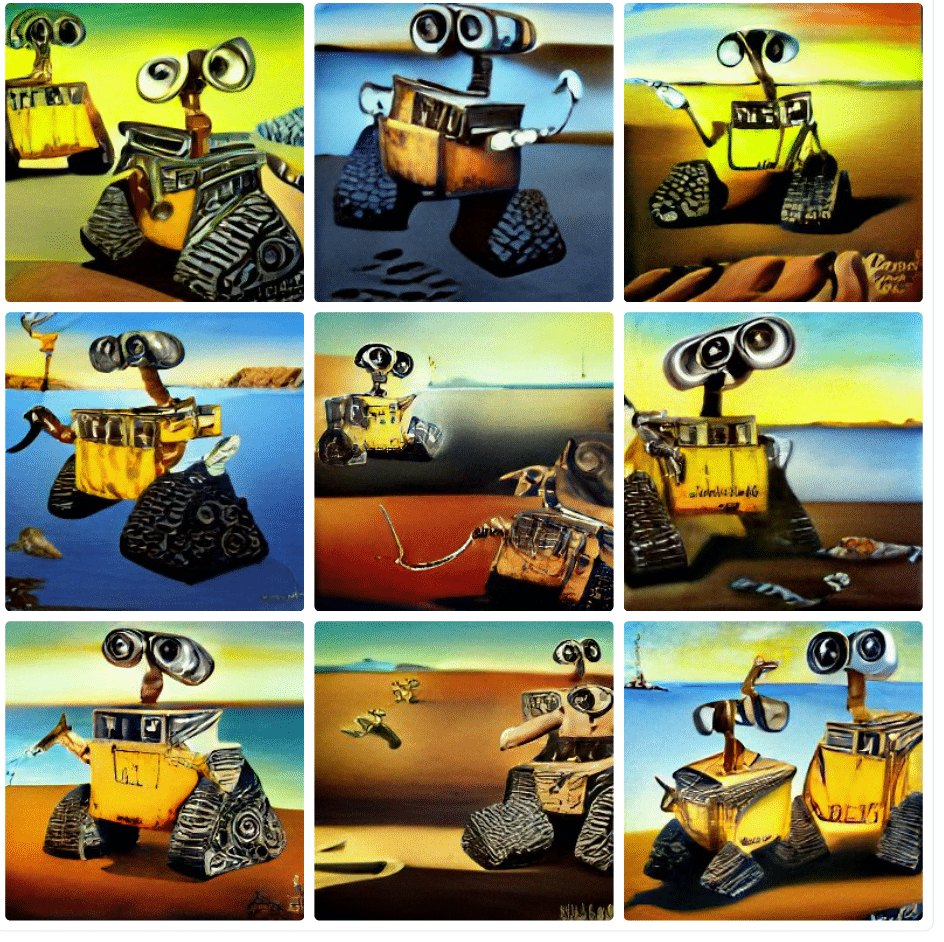 Wall E dibujado por DALL E mini estilo Dalí. El nombre de la IA, DALL-E, reúne una parte de Dalí, y otra parte del robot WALL-E. Con esto uno puede hacerse una idea de que el software está diseñado para producir imágenes surrealistas.