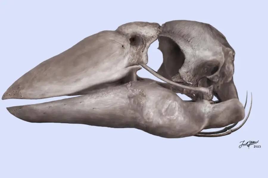 Artistic reconstruction of the skull of Genyornis newtoni, based on the fossil materialReconstrucción artística del cráneo de Genyornis newtoni, basada en el material fósil. Ilustración de Jacob C. Blokland