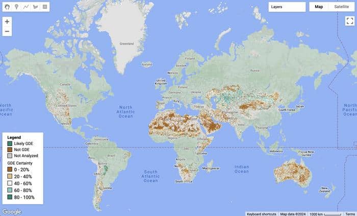 Este mapa mundial de ecosistemas dependientes de las aguas subterráneas es un recurso tanto para científicos como para gestores del territorio y conservacionistas. TNC Y DRI