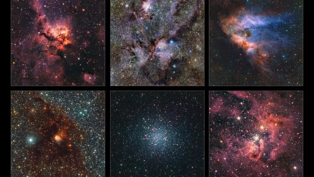 Este collage destaca una pequeña selección de regiones de la Vía Láctea captadas como parte del mapa infrarrojo más detallado jamás realizado de nuestra galaxia. Aquí vemos, de izquierda a derecha y de arriba abajo NGC 3576, NGC 6357, Messier 17, NGC 6188, Messier 22 y NGC 3603. Todas ellas son nubes de gas y polvo donde se están formando estrellas, excepto Messier 22, que es un grupo muy denso de estrellas viejas.