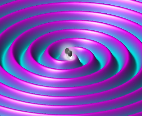 Ondas gravitacionales de un sistema binario compacto. Wikimedia Commons.