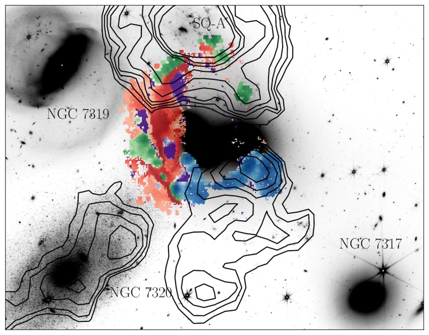 Descomposición WEAVE del gas en el Quinteto de Stephan, superpuesta a una imagen del JWST. El rojo resalta el gas chocado por la colisión, mientras que el verde y el azul muestran las regiones de formación estelar. Las áreas púrpuras representan burbujas de origen desconocido. Los contornos negros muestran el hidrógeno neutro, y su ubicación respecto al gas chocado (en rojo) sugiere que es de ahí de donde procede. Universidad de Hertfordshire