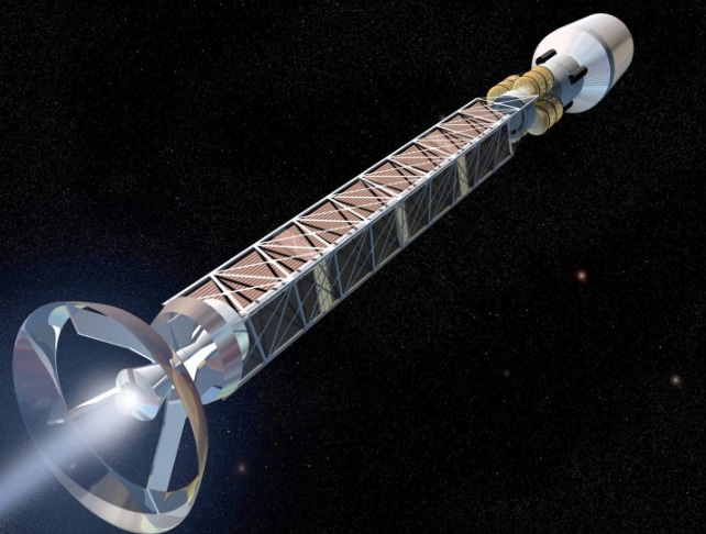 Concepto artístico de un sistema de propulsión de antimateria. (NASA/MFSC)