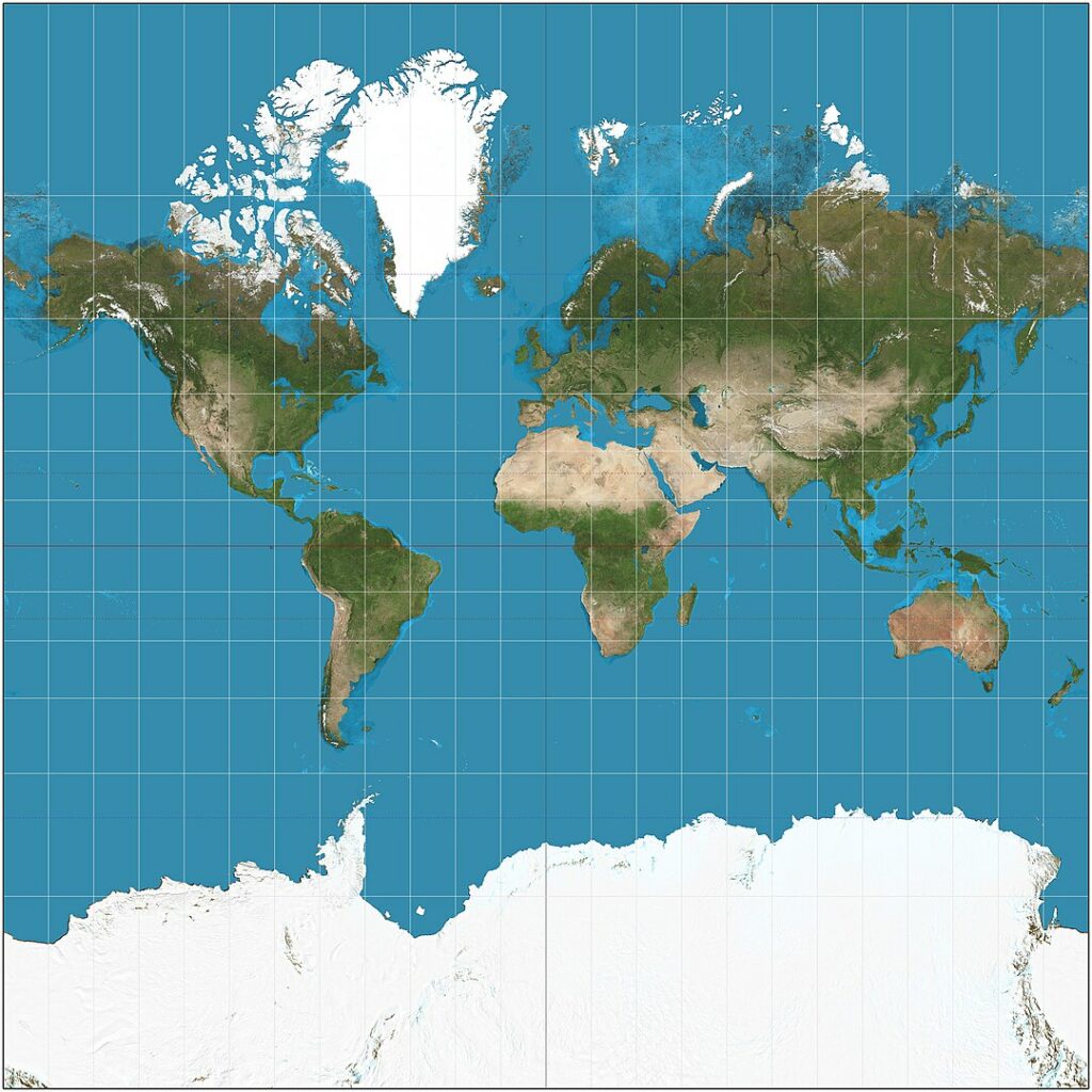 Proyección Mercator del mundo entre 85°S y 85°N. Obsérvese la comparación de tamaño entre Groenlandia y África.