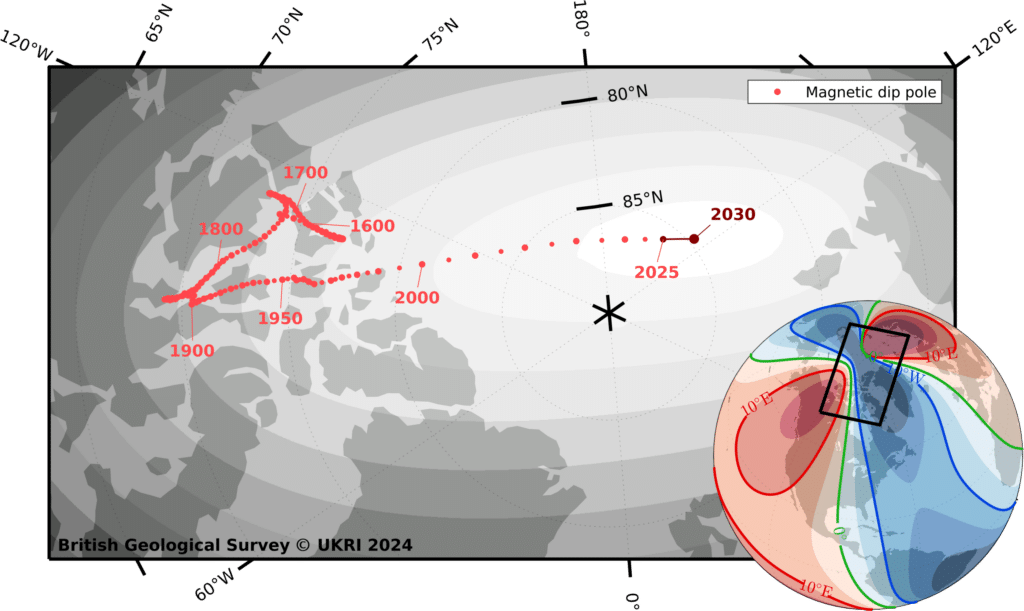 Ubicaciones del polo norte magnético desde 1590 hasta 2030. BGS © UKRI y © Wessel, P., y W. H. F. Smith (1996), A global, self-consistent, hierarchical, high-resolution shoreline database, J. Geophys. Res., 101(B4), 8741-8743, doi:10.1029/96JB00104. (v2.3.6).