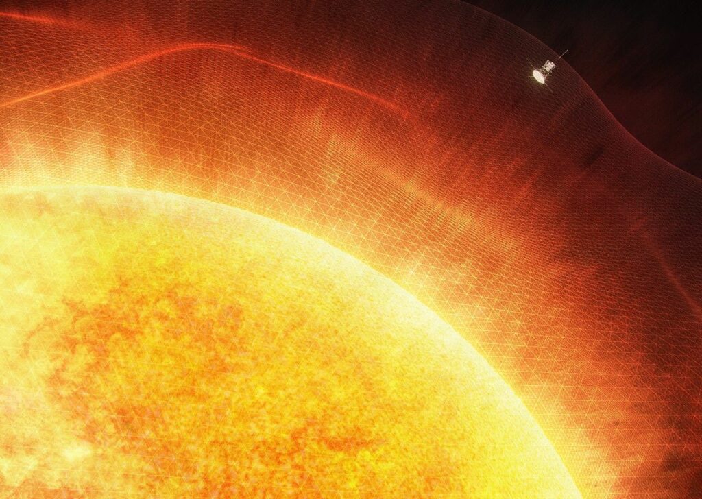 Esta imagen conceptual muestra a Parker Solar Probe a punto de entrar en la corona solar.NASA/Johns Hopkins APL/Ben Smith