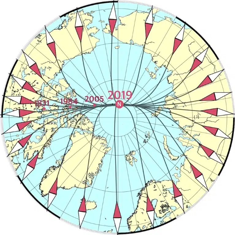 Los puntos rojos muestran las posiciones del polo norte magnético desde 1831 hasta 2019, mientras que las líneas muestran la dirección del campo magnético. Hace unos 50 años, el polo se desplazaba a unos 15 km al año, pero ahora se está acelerando y se dirige desde el Ártico canadiense hacia Siberia a unos 55 km al año. Crédito: DTU Space/ ESA.