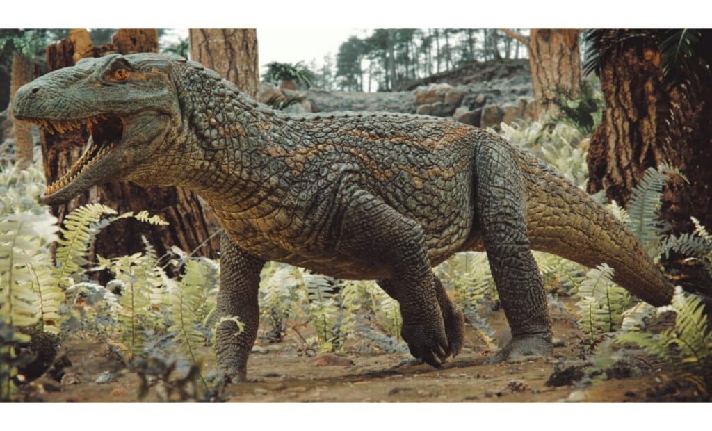 Representación artística de un paisaje del Triásico Medio del sur de Brasil en el que aparece el Tainrakuasuchus bellator – © Caio Fantini