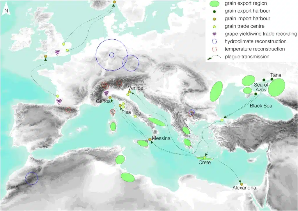 Una erupción volcánica fue la posible causa mortal que desencadenó la Peste Negra 1 Aspectos principales de la red comercial de cereales de Venecia, Génova y Pisa que evitó que gran parte de Italia pasara hambre en 1347 d. C., pero que también llevó la bacteria de la peste Yersinia pestis a Venecia y otros puertos del Mediterráneo durante la segunda mitad de 1347 d. C. (Tabla 1), desde donde se propagó rápidamente. Se indica la ubicación de las reconstrucciones climáticas basadas en los anillos de los árboles (no se muestran dos sitios en Escandinavia). El mapa es una proyección Mollweide pseudo-cilíndrica de área igual con escala de grises que se refiere a las elevaciones sobre el nivel del mar.