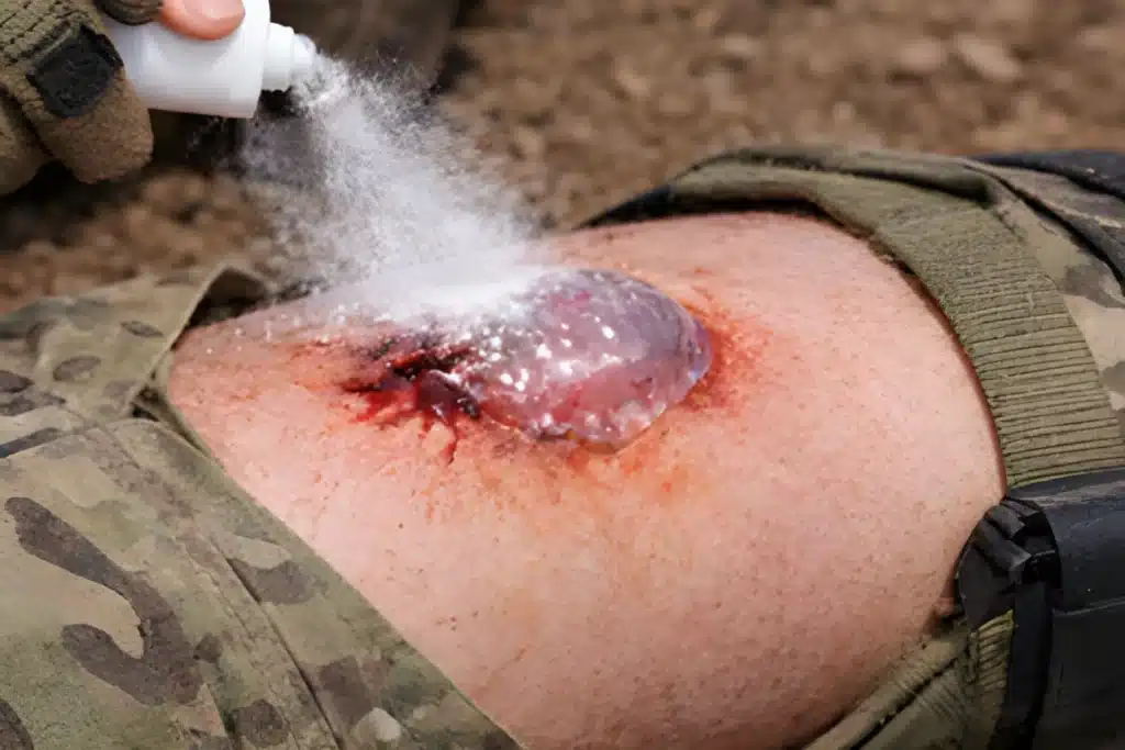 Un spray para curar las heridas convierte la sangre en gel 1 AGCL se dispensa en forma de polvo pulverizable que se convierte en gel al entrar en contacto con la sangre, tal y como se ilustra en esta imagen generativa de KAISTKAIST.