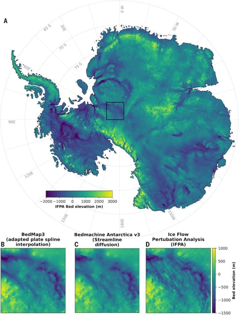 Topografía subglacial de la Antártida según la IFPA.(A) muestra la topografía subglacial IFPA de todo el continente antártico y (B a D) muestran una comparación de diferentes mapas de topografía del lecho para la región de la cuenca Pensacola-Pole [delimitada en negro en (A)]. (B) muestra Bedmap3 (8), (C) muestra BedMachine Antarctica v3 (13) y (D) muestra la topografía subglacial IFPA. El flujo de trabajo de producción de mapas se detalla en los métodos; los principales conjuntos de datos de entrada incluyen el modelo digital de elevación de la superficie del hielo Gapless REMA (24), el producto MEaSURES Antarctic ice-velocity (23), el mapa de elevación del lecho BedMachine Antarctica v3 (13) y todas las mediciones geofísicas disponibles del espesor del hielo de Bedmap3 (7) y los estudios CReSIS SAR (59). En Zenodo (57) se encuentra disponible una versión con una resolución considerablemente mayor de (A).