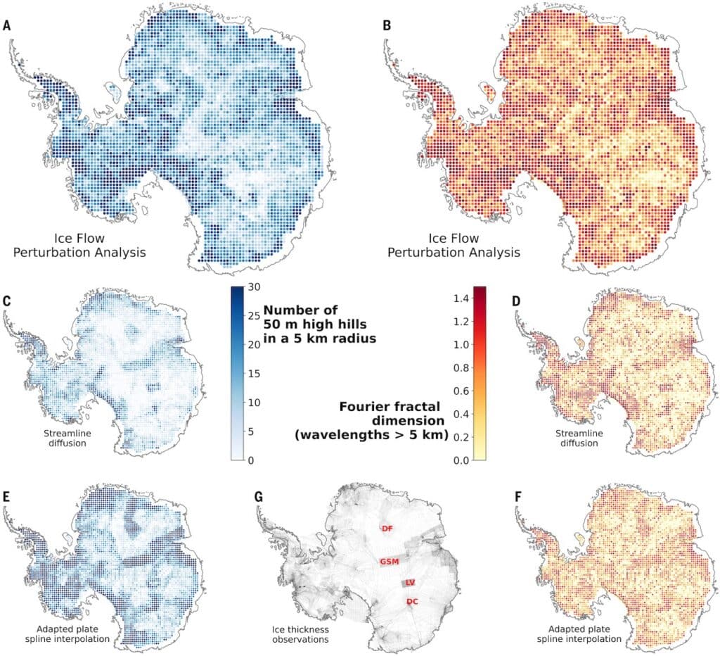 Textura del lecho de la capa de hielo de la Antártida.(A, C y E) Número de colinas de 50 m en un radio de 5 km y (B, D y F) dimensión fractal de Fourier para longitudes de onda >5 km (un indicador de la rugosidad del paisaje subglacial), extraídos de (A) y (B) la topografía IFPA, (C) y (D) la topografía interpolada entre puntos del lecho derivados geofísicamente utilizando la difusión de líneas de corriente (BedMachine Antarctica v3) (13), y (E) y (F) una interpolación spline de placa adaptada (Bedmap3) (7, 8). Cada píxel representa una región de 50 km × 50 km. (G) Ubicaciones de los puntos de referencia utilizados para derivar ambas topografías interpoladas (a partir del recuento del estudio de espesor de Bedmap3) (8). Se han anotado las regiones más densamente estudiadas de la Antártida Oriental: DF, Domo Fuji; GSM, Montañas subglaciales Gamburtsev; LV, Lago Vostok; DC, Domo C. Obsérvese la importante correspondencia entre los patrones espaciales de las topografías interpoladas (C) y (E) y las ubicaciones de los estudios geofísicos (G). Por el contrario, (A) y (B) muestran que con IFPA ahora podemos calcular la textura del paisaje subglacial en toda la Antártida de forma coherente, sin sesgos importantes de las ubicaciones de los estudios geofísicos.