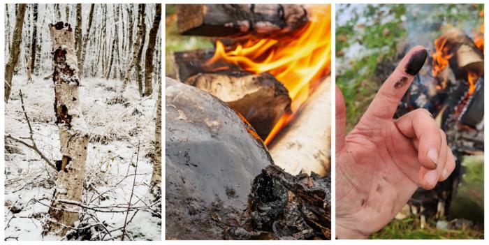 Este es el tutorial paso a paso más sencillo para hacer alquitrán de abedul: busca un árbol, prende fuego a un poco de corteza y ensúciate las manos. Crédito: Tjaark Siemssen, CC-BY 4.0 (https://creativecommons.org/licenses/by/4.0/)