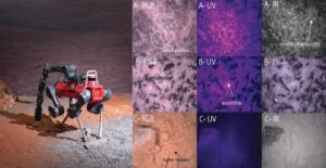 A la izquierda: el robot realizando mediciones autónomas de una roca con MICRO y Raman. A la derecha: ejemplos de imágenes del generador de imágenes microscópico (MICRO) capturadas por el robot, que muestran la textura de tres materiales análogos lunares diferentes en RGB, UV e IR. Crédito: Dra. Gabriela Ligeza.