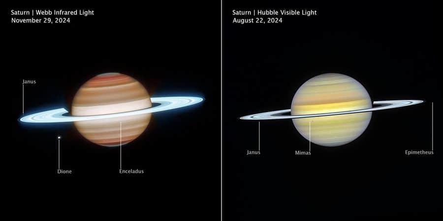 Las imágenes complementarias de Saturno captadas por el Telescopio Espacial James Webb y el Telescopio Espacial Hubble de la NASA muestran un planeta dinámico con características atmosféricas, lunas en órbita y anillos brillantes.Imagen: NASA, ESA, CSA, STScI, Amy Simon (NASA-GSFC), Michael Wong (UC Berkeley); Procesamiento de la imagen: Joseph DePasquale (STScI)