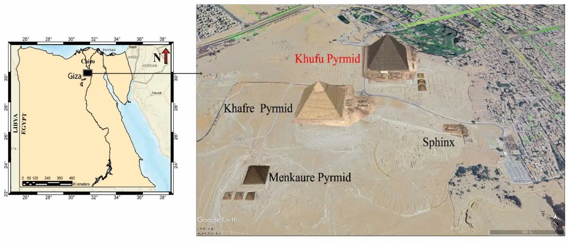 Por qué la Gran Pirámide de Guiza resiste naturalmente a los terremotos 1 Mapa de ubicación de la Gran Pirámide de Keops, imagen Landsat actualizada en julio de 2020 (base de datos de Google Earth).