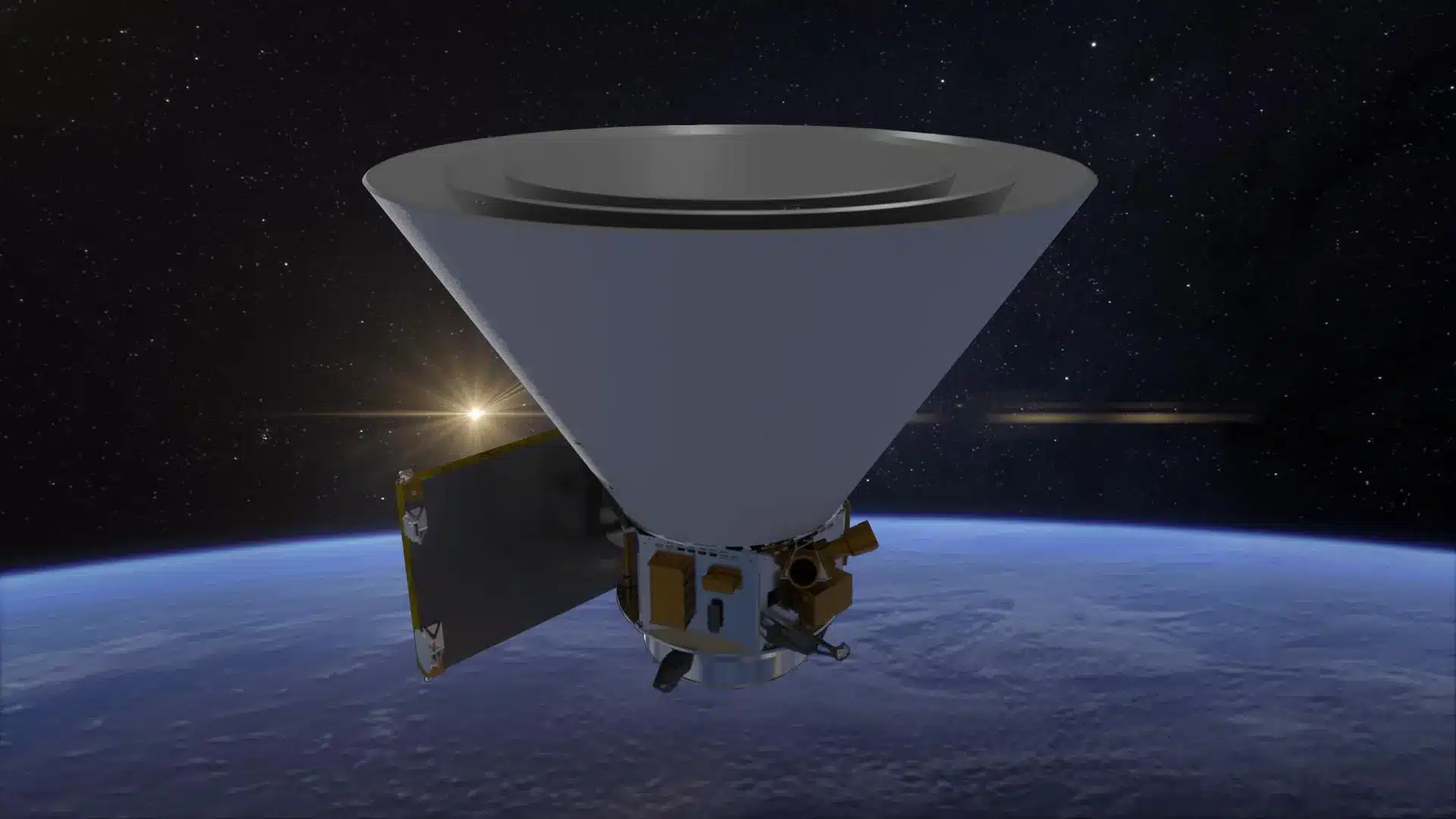 La misión SPHEREx de la NASA operará en órbita terrestre baja, detectando cientos de millones de estrellas y galaxias y creando el primer estudio espectroscópico de todo el cielo en el infrarrojo cercano. Esta representación artística muestra la nave espacial y sus característicos escudos fotónicos cónicos, que protegen el telescopio de SPHEREx de la luz infrarroja y el calor procedentes del Sol y de la Tierra. Crédito de la foto: NASA/JPL-Caltech