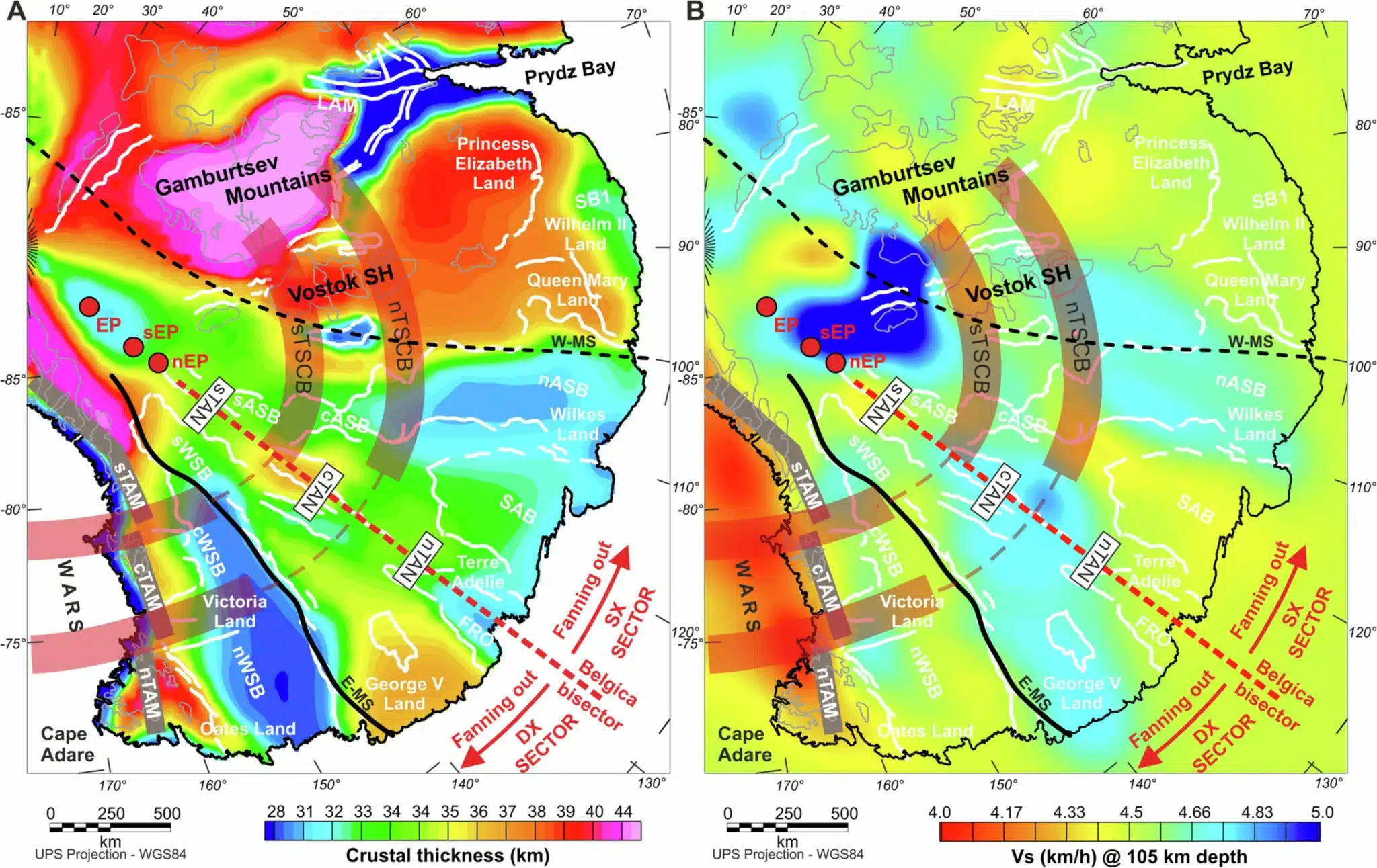 Características estructurales principales del EAFBP superpuestas al mapa del espesor de la corteza terrestre obtenido a partir del análisis conjunto de datos gravimétricos y sísmicos