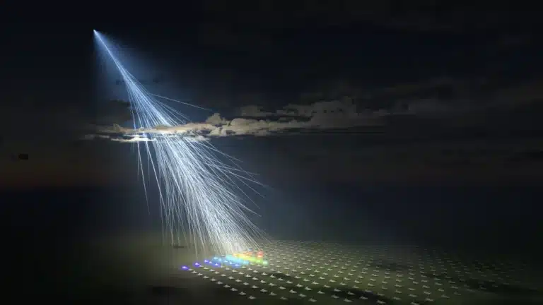 Ilustración que muestra un rayo cósmico impactando en los detectores del experimento Telescope Array en 2021. (Crédito de la imagen: Universidad Metropolitana de Osaka/L-INSIGHT, Universidad de Kioto/Ryuunosuke Takeshige)