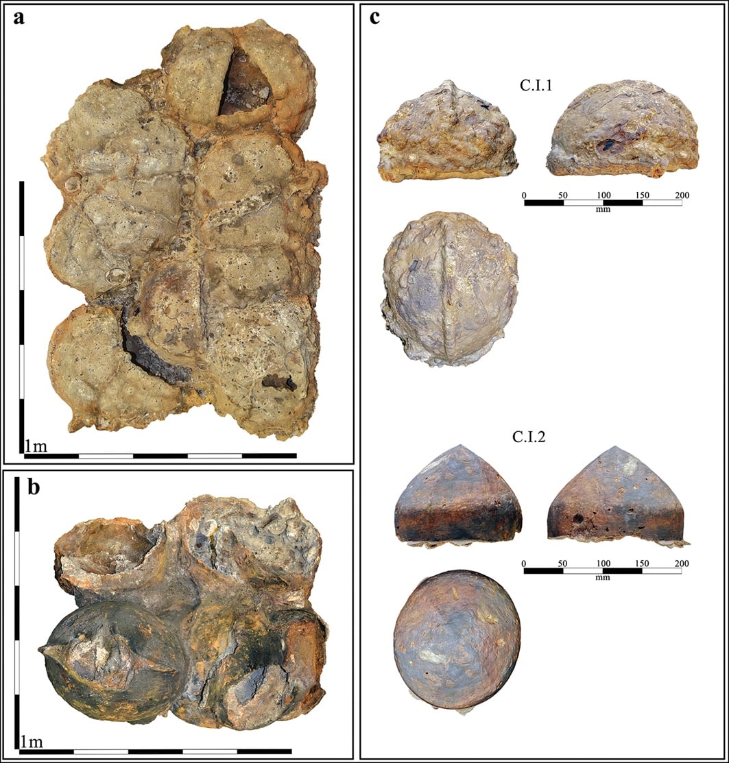 Tres grupos del conjunto de Benicarló: a y b) corresponden a los dos bloques recuperados en Piedras de la Barbada, que actualmente se conservan en el Museo de Bellas Artes de Castellón (grupos A y B); c) las piezas separadas y conservadas que se exhiben en el Museo de la Ciudad de Benicarló (grupo C). Las imágenes se han elaborado a partir de datos fotogramétricos (ilustración de M. Frallicciardi).