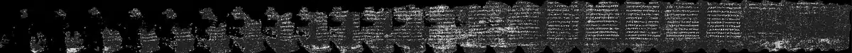 Un papiro carbonizado por el Vesubio "desenrollado" digitalmente se puede leer 1 Pherc. 1667, digitalizado de principio a fin, revelando 20 columnas de texto continuo. Foto cortesía de Vesuvius Challenge.