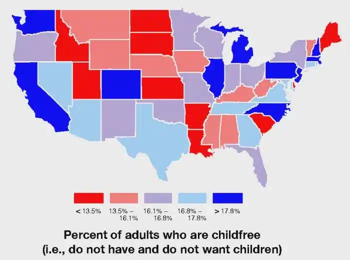 En Estados Unidos la natalidad era alta, pero ya no, y estos son los estados que menos niños quieren 2 Distribución de la población sin hijos en EEUU