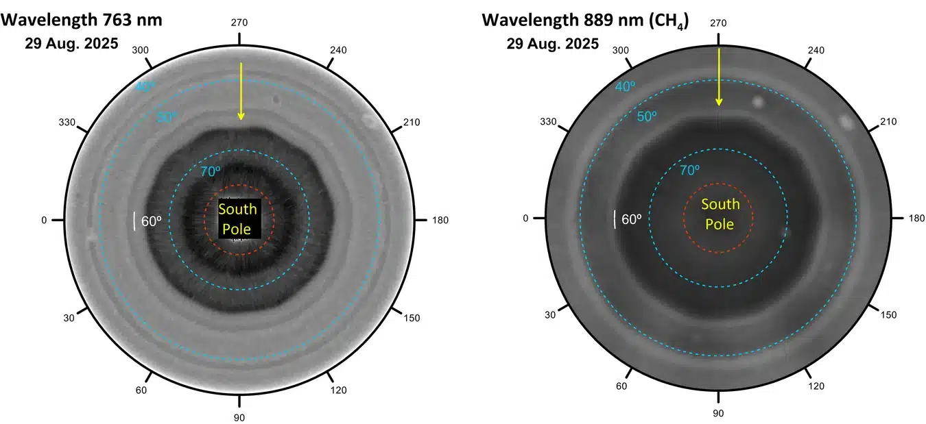 El misterioso decágono vasco de Saturno se suma al misterioso hexágono 4 Proyecciones polares del hemisferio sur de Saturno en dos longitudes de onda: rojo a 763 nm y un filtro de absorción de metano a 889 nm. El decágono se indica con una flecha amarilla. Las líneas discontinuas muestran los círculos de latitud en azul, con sus valores indicados. Imágenes obtenidas el 29 de agosto de 2025 por el Telescopio Espacial Hubble. NASA, ESA, A. Sánchez-Lavega (Universidad del País Vasco, EHU)