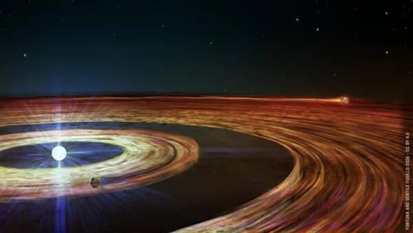 Aunque los planetesimales en sí mismos no pueden detectarse directamente, los astrónomos pueden deducir su tamaño basándose en su distancia respecto a la enana blanca. Cuanto más cerca se encuentren de ella, más pequeños pueden ser antes de que las fuerzas de marea de la enana blanca los destruyan. Por lo tanto, el planetesimal interior debería tener unas pocas decenas de kilómetros de ancho, como un asteroide, mientras que el exterior podría ser tan grande como Plutón. Esta representación artística ha sido creada por María Cristina Fortuna en colaboración con el autor principal del artículo.