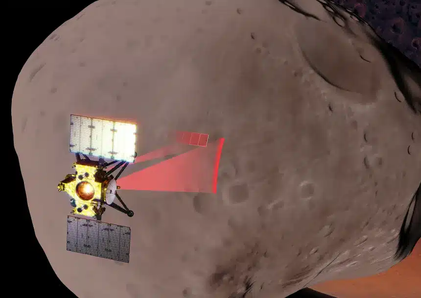 Las lunas de Marte son un misterio, y este robot japonés quiere resolverlo 2 Una ilustración muestra la nave espacial MMX observando a Fobos. JAXA